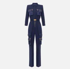 Tute|Elisabetta Franchi Tuta in crêpe con tasche e cintura Navy