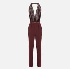 Tute|Elisabetta Franchi Tuta in crêpe e tulle ricamato con paillettes RougeNoir