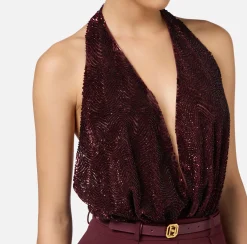 Tute|Elisabetta Franchi Tuta in crêpe e tulle ricamato con paillettes RougeNoir