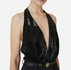 Tute|Elisabetta Franchi Tuta in crêpe e tulle ricamato con paillettes Nero
