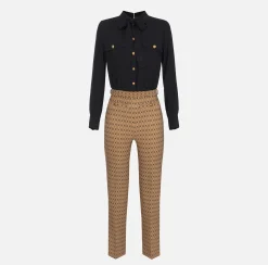 Tute|Elisabetta Franchi Tuta in crêpe stretch stampa rombo con fiocco Camel/Nero