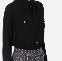 Tute|Elisabetta Franchi Tuta in crêpe stretch stampa rombo con fiocco Nero/Burro