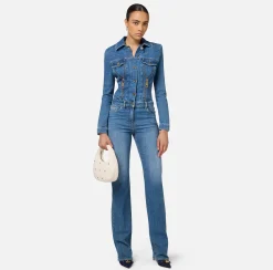 Tute|Elisabetta Franchi Tuta in denim con zip e spalline Bluedenim