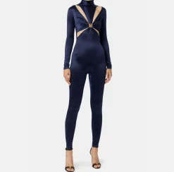 Tute|Elisabetta Franchi Tuta in lycra con motivo cut-out e accessorio logo Navy