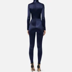 Tute|Elisabetta Franchi Tuta in lycra con motivo cut-out e accessorio logo Navy