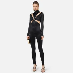 Tute|Elisabetta Franchi Tuta in lycra con motivo cut-out e accessorio logo Nero