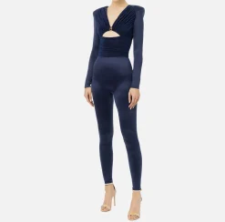 Tute|Elisabetta Franchi Tuta in lycra lucida con inserti plissé Navy