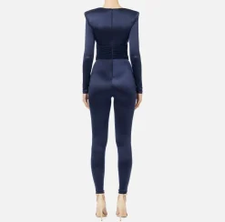 Tute|Elisabetta Franchi Tuta in lycra lucida con inserti plissé Navy