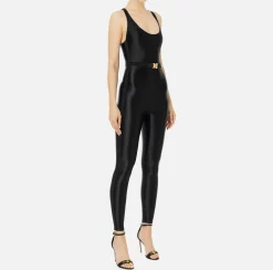 Tute|Elisabetta Franchi Tuta in lycra lucida con elastico logato Nero