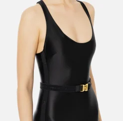 Tute|Elisabetta Franchi Tuta in lycra lucida con elastico logato Nero