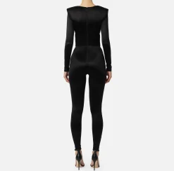 Tute|Elisabetta Franchi Tuta in lycra lucida con inserti plissé Nero