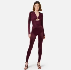 Tute|Elisabetta Franchi Tuta in lycra lucida con inserti plissé RougeNoir