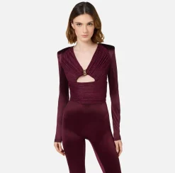 Tute|Elisabetta Franchi Tuta in lycra lucida con inserti plissé RougeNoir