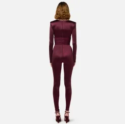 Tute|Elisabetta Franchi Tuta in lycra lucida con inserti plissé RougeNoir