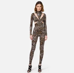Tute|Elisabetta Franchi Tuta in lycra stampa con motivo cut-out e accessorio logo Animalier