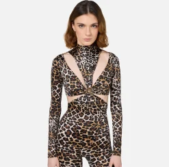 Tute|Elisabetta Franchi Tuta in lycra stampa con motivo cut-out e accessorio logo Animalier
