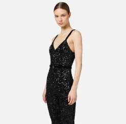 Tute|Elisabetta Franchi Tuta in paillettes con cintura Nero