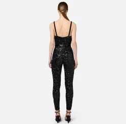 Tute|Elisabetta Franchi Tuta in paillettes con cintura Nero
