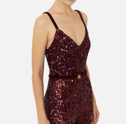 Tute|Elisabetta Franchi Tuta in paillettes con cintura RougeNoir