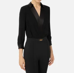 Tute|Elisabetta Franchi Tuta in viscosa con camicia incrociata e pantalone svasato con morsetto Nero