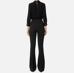 Tute|Elisabetta Franchi Tuta in viscosa con camicia incrociata e pantalone svasato con morsetto Nero