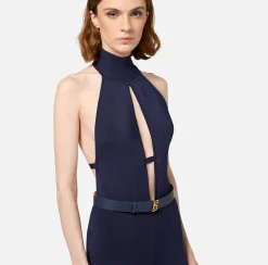Tute|Elisabetta Franchi Tuta in viscosa lucida con cintura Navy