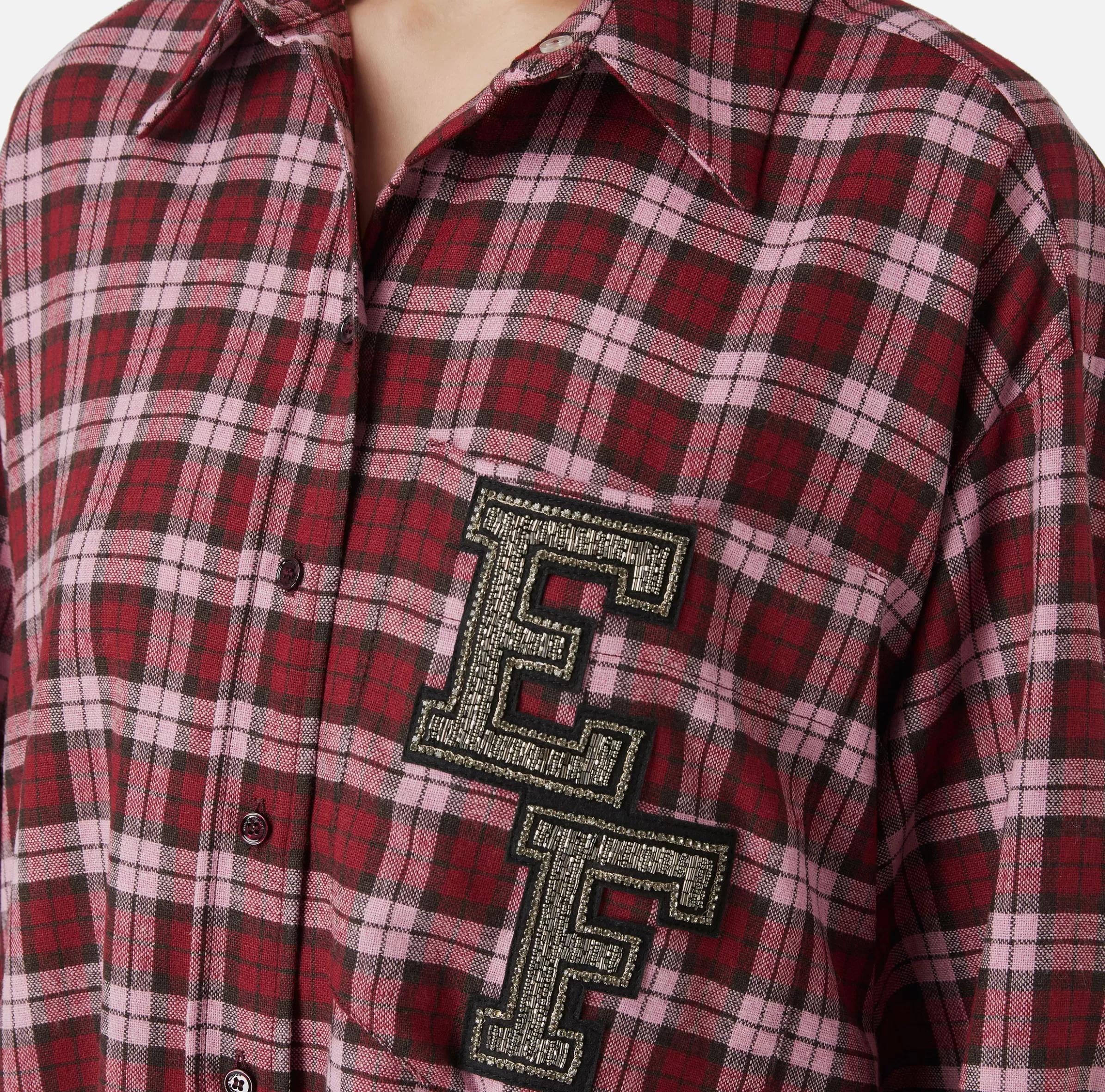 Elisabetta Franchi Mini Abiti | Abiti^Abito camicia in lana tartan con patch ricamato RedPassion