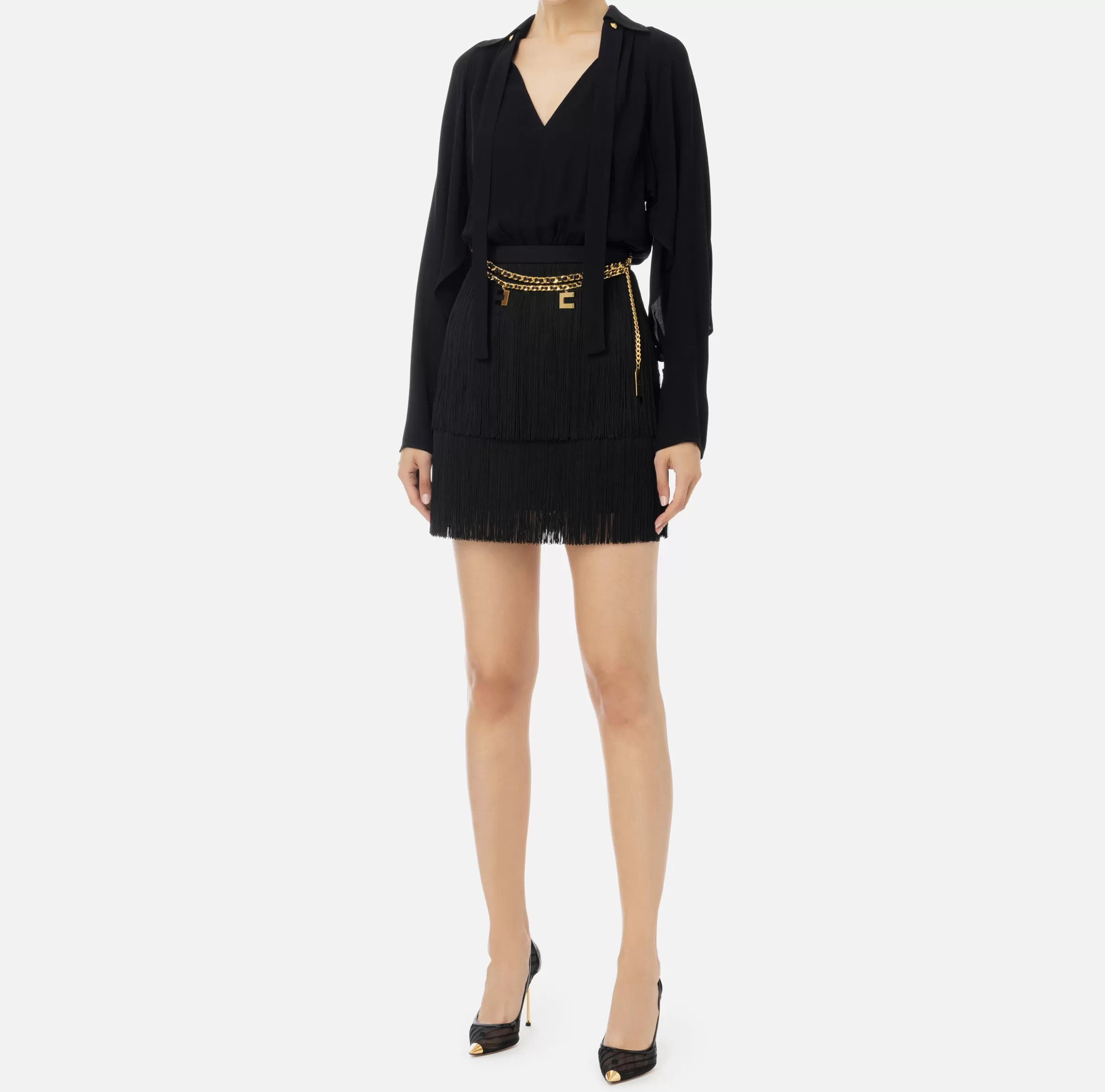 Elisabetta Franchi Mini Abiti | Abiti^Abito frange con camicia e foulard Nero