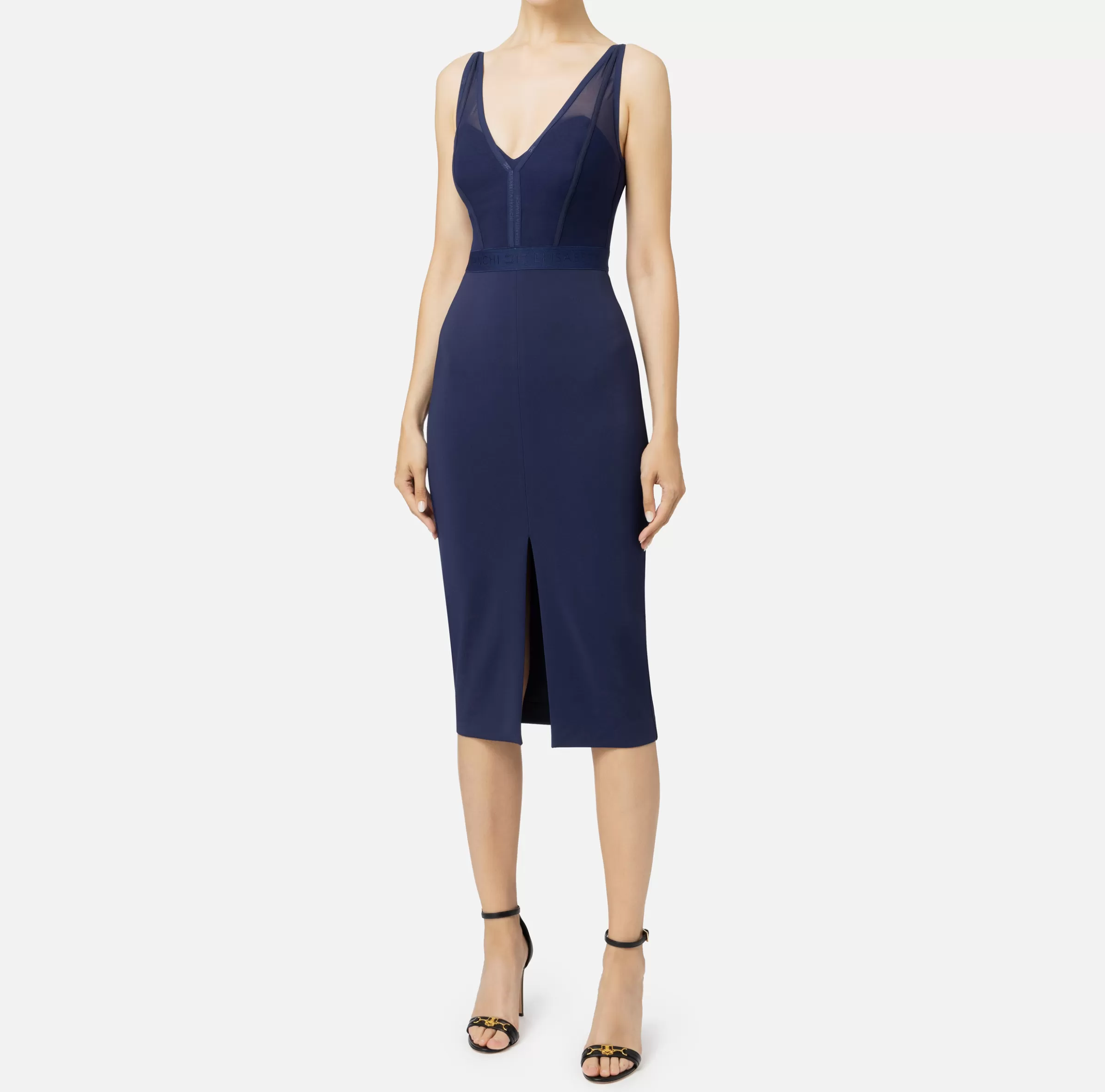 Elisabetta Franchi Abiti Midi | Abiti Tubino^Abito midi con top bustier in tulle e crêpe Navy