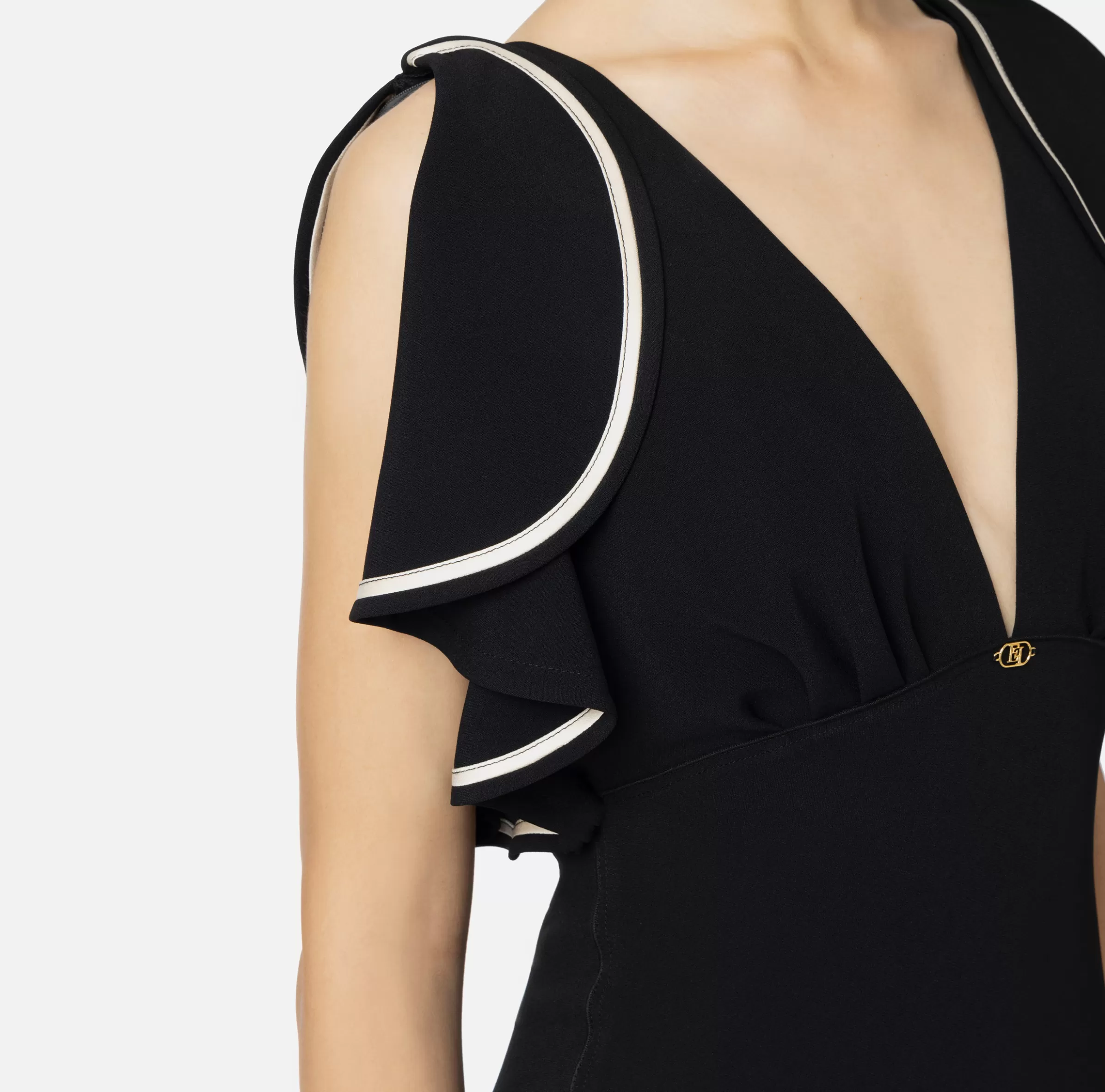 Elisabetta Franchi Abiti Midi | Abiti^Abito midi in crêpe fluido con maniche ad aletta Nero/Burro