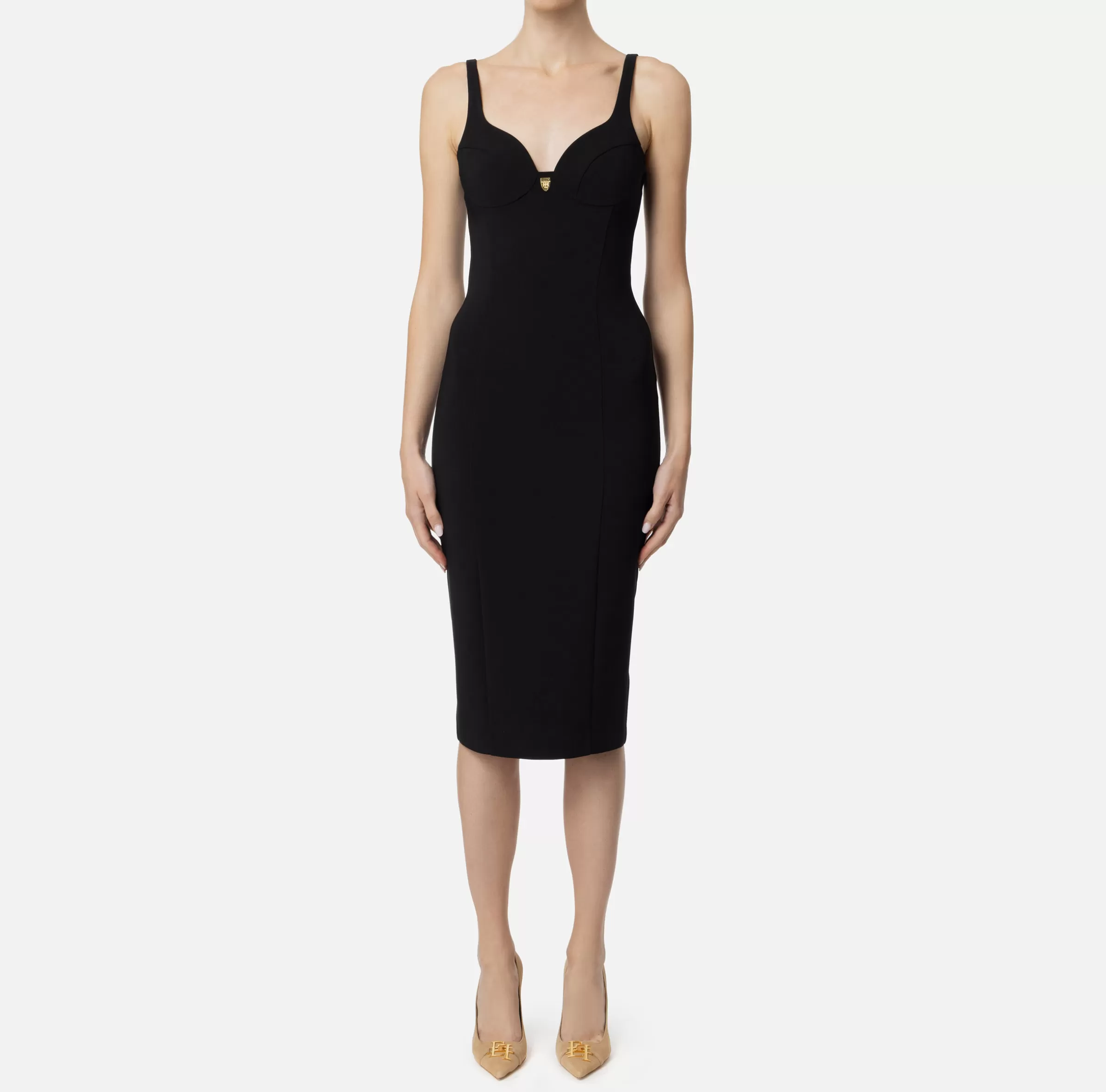 Elisabetta Franchi Abiti Midi | Abiti Tubino^Abito midi in crêpe stretch taglio coppe Nero