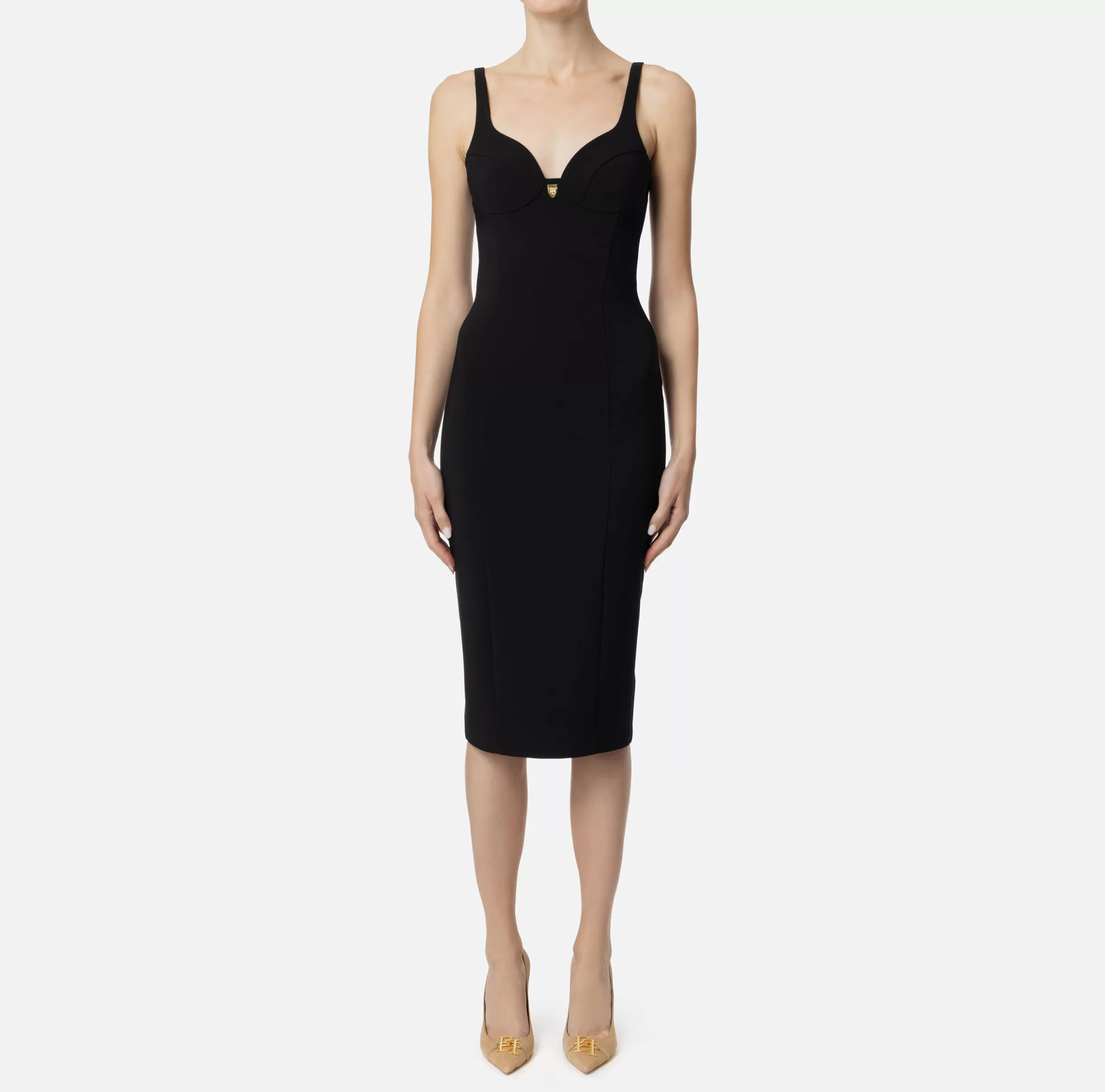 Elisabetta Franchi Abiti Midi | Abiti Tubino^Abito midi in crêpe stretch taglio coppe Nero