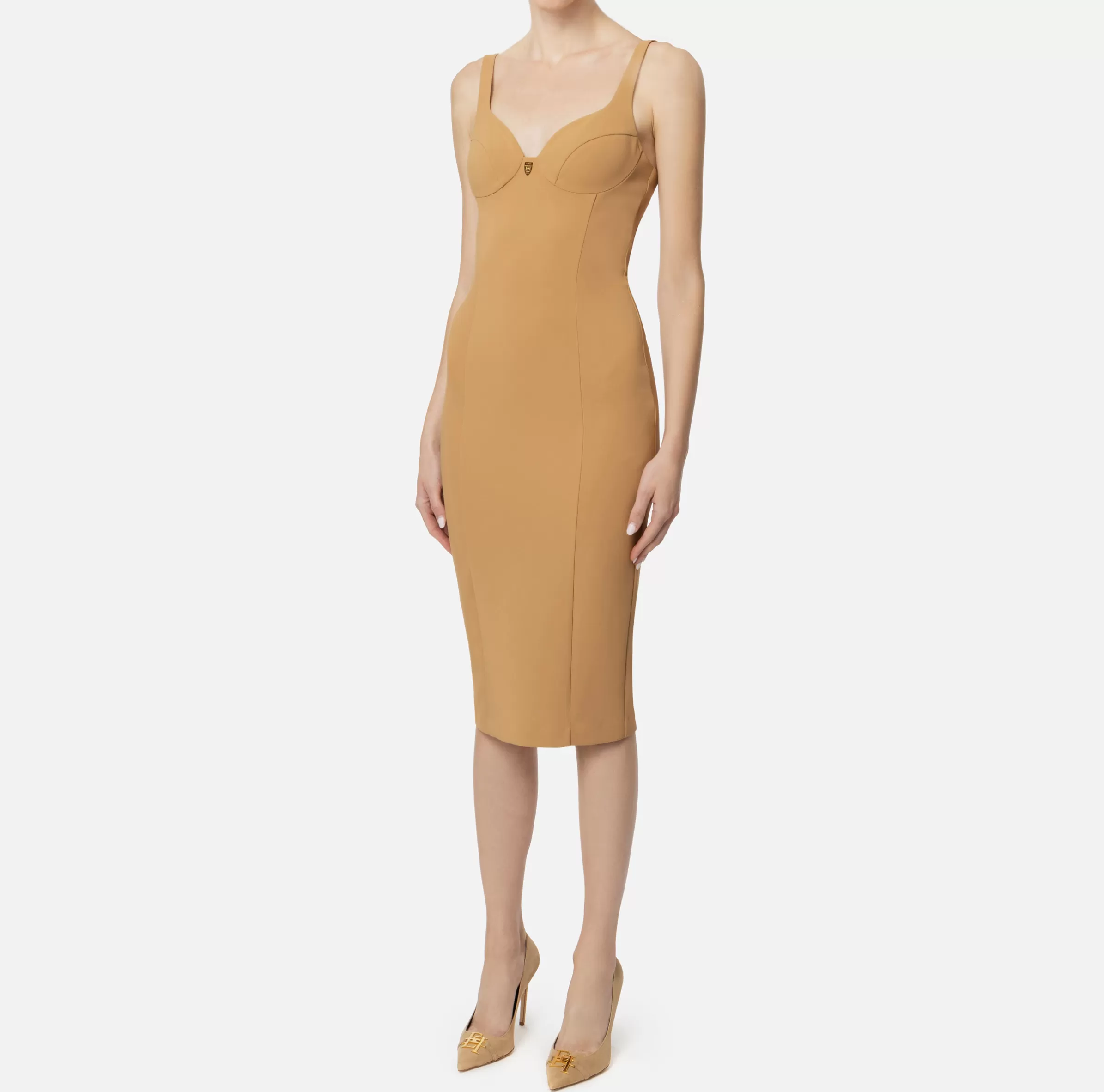 Elisabetta Franchi Abiti Midi | Abiti Tubino^Abito midi in crêpe stretch taglio coppe Camel