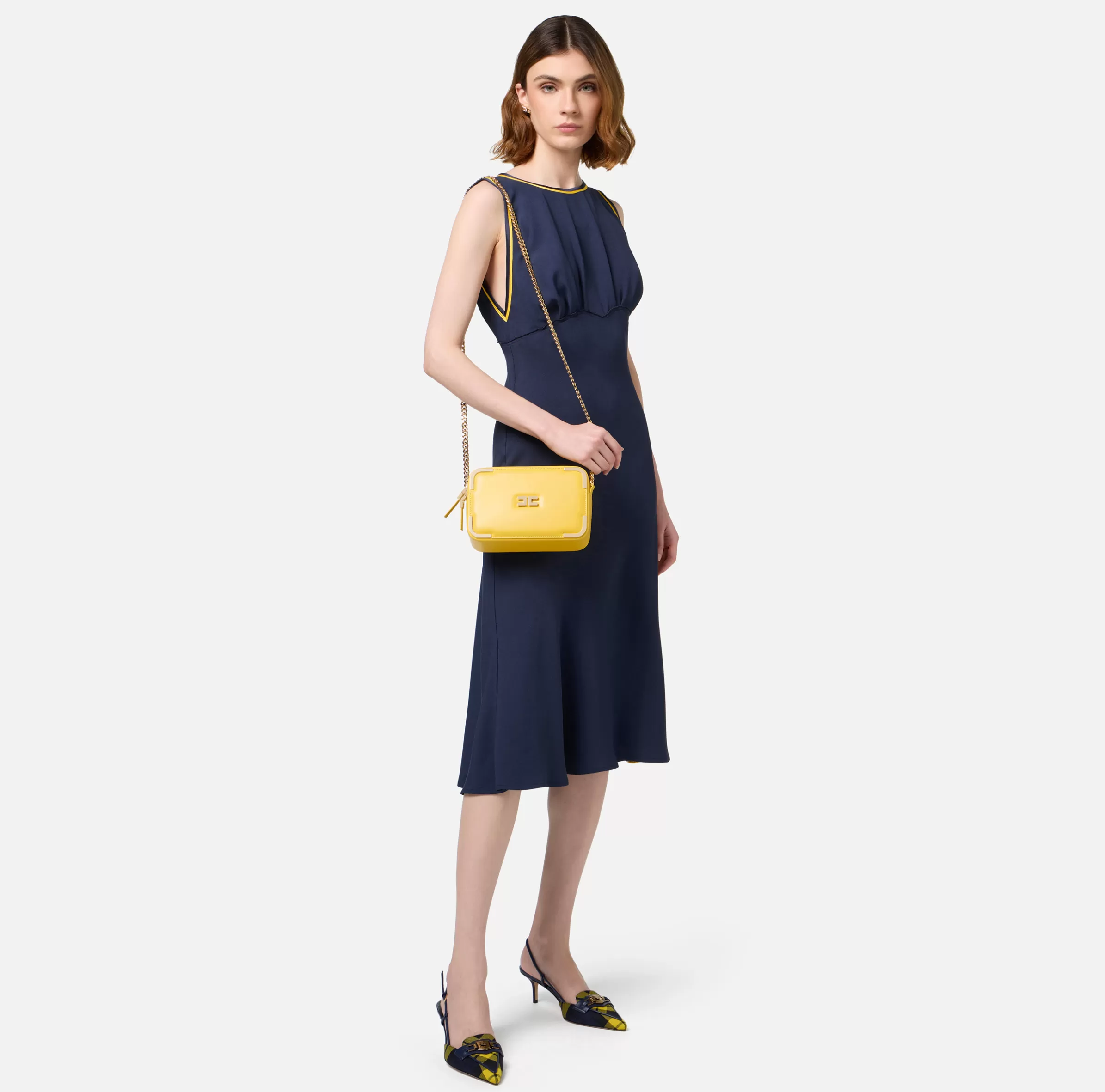 Elisabetta Franchi Abiti Midi | Abiti^Abito midi in satin con bande Navy/Mimosa/Burro