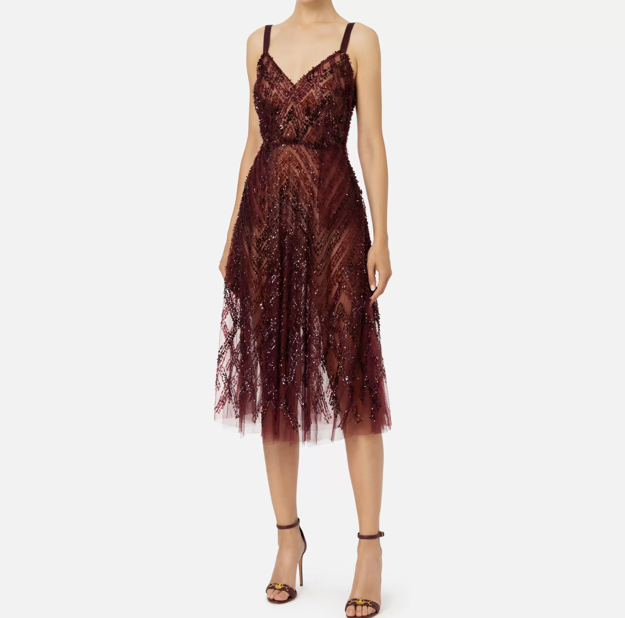 Elisabetta Franchi Abiti Red Carpet | Abiti Midi^Abito midi in tulle con ricamo paillettes chevron RougeNoir