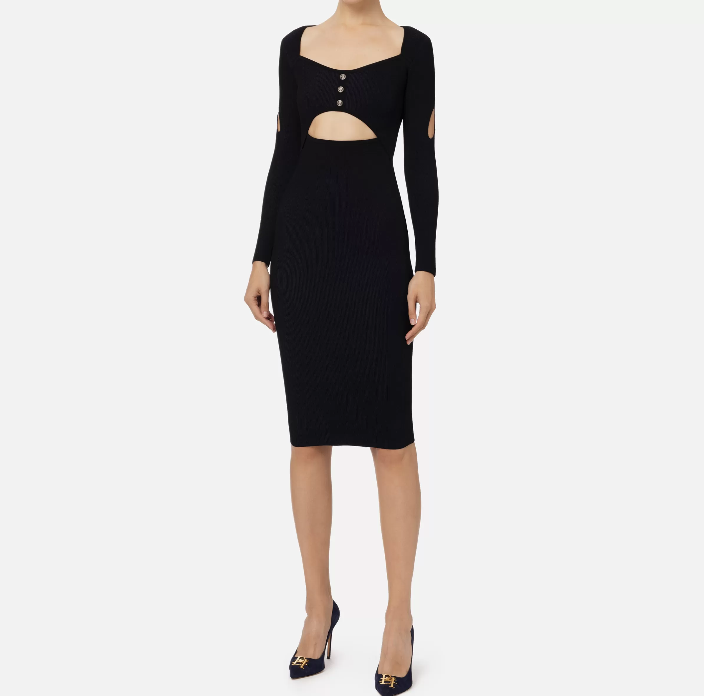 Elisabetta Franchi Abiti Midi | Abiti In Maglia^Abito midi in viscosa a costine con cut-out Nero/Navy