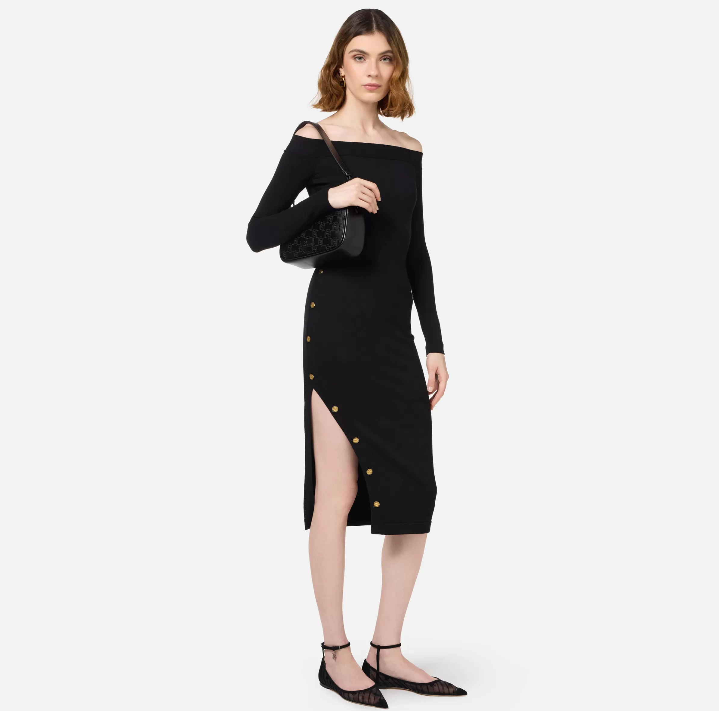 Elisabetta Franchi Abiti Midi | Abiti In Maglia^Abito midi in viscosa con bottoni sullo spacco Nero