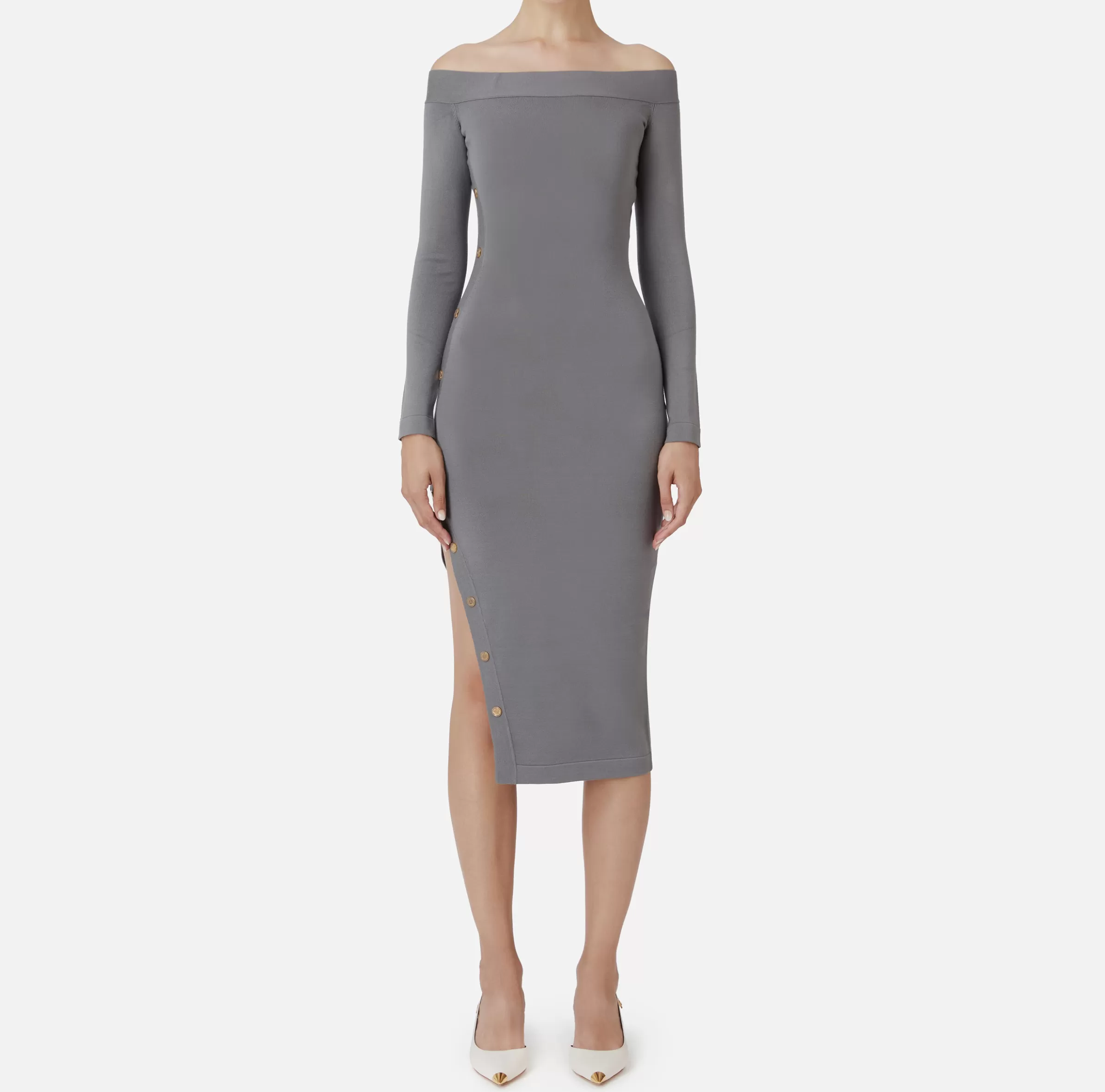 Elisabetta Franchi Abiti Midi | Abiti In Maglia^Abito midi in viscosa con bottoni sullo spacco Steel