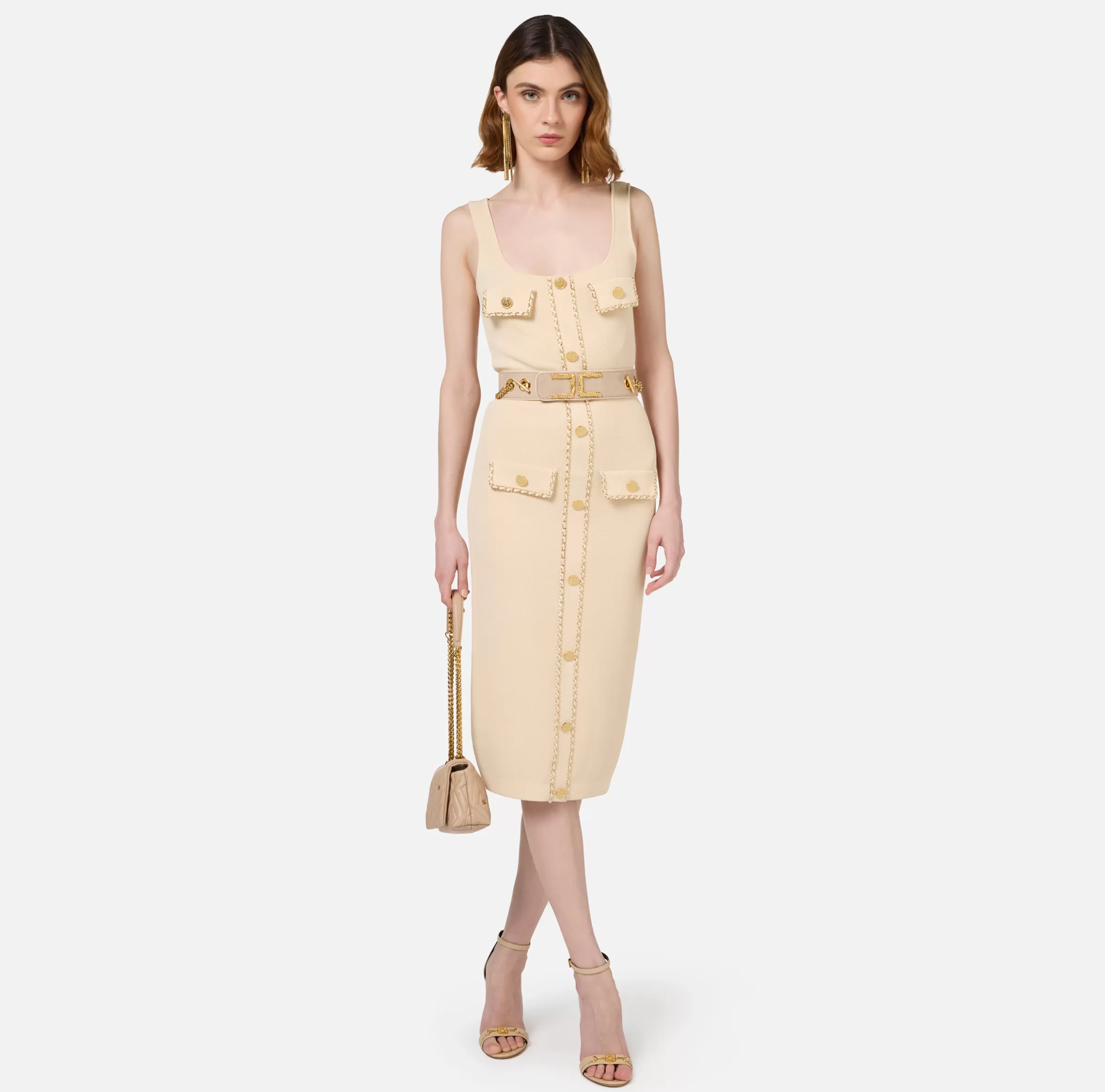 Elisabetta Franchi Abiti Midi | Abiti In Maglia^Abito midi in viscosa con catena Crema