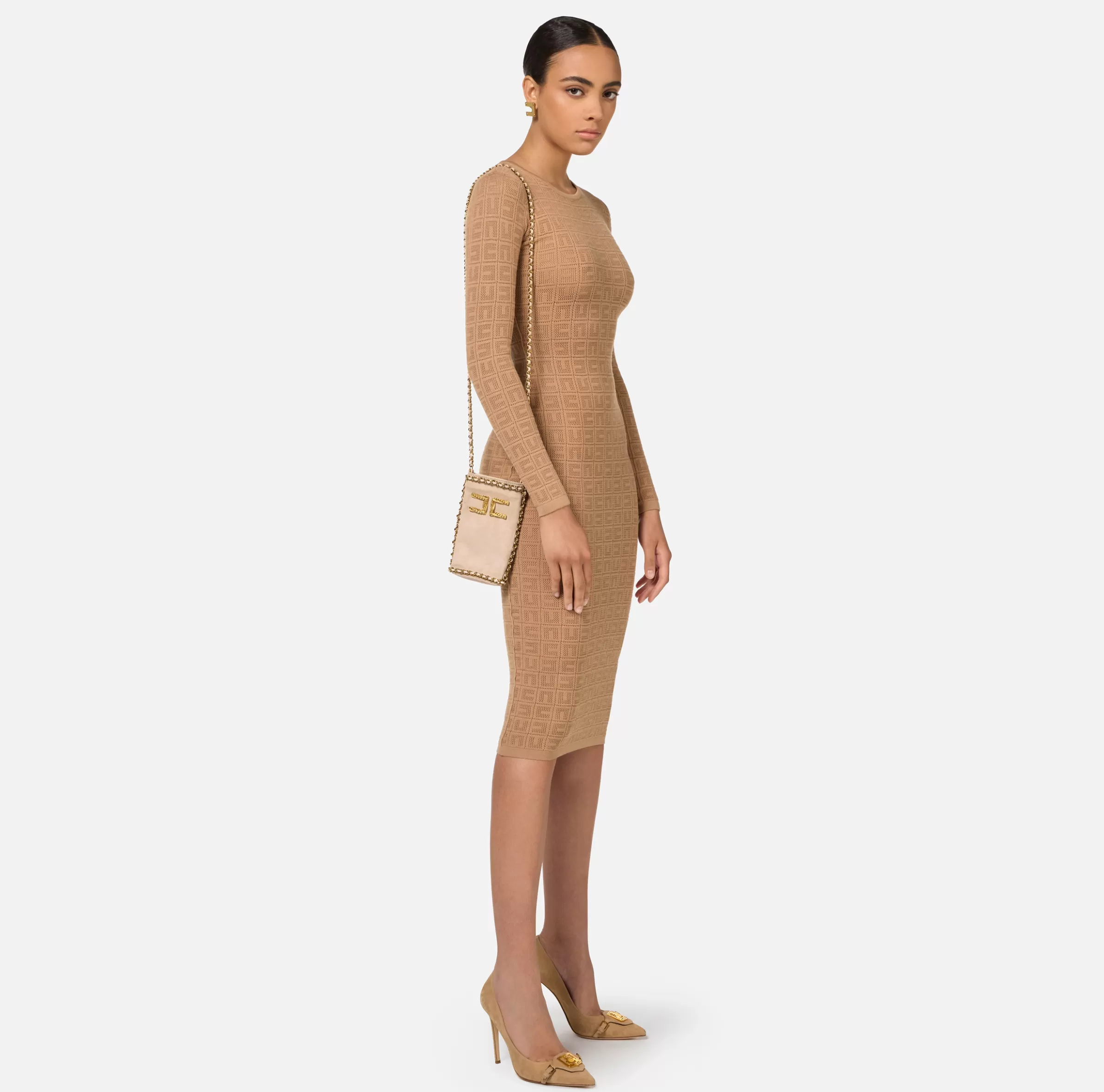 Elisabetta Franchi Abiti | Abiti Midi^Abito midi in viscosa logo punto rete Camel