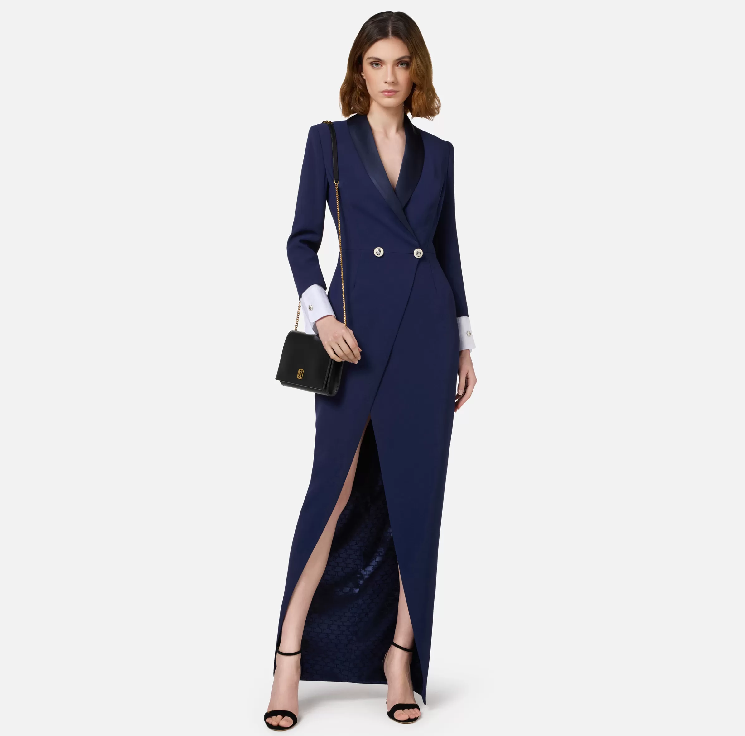 Elisabetta Franchi Abiti Red Carpet | Red Carpet^Abito red carpet in crêpe con revers in raso Navy