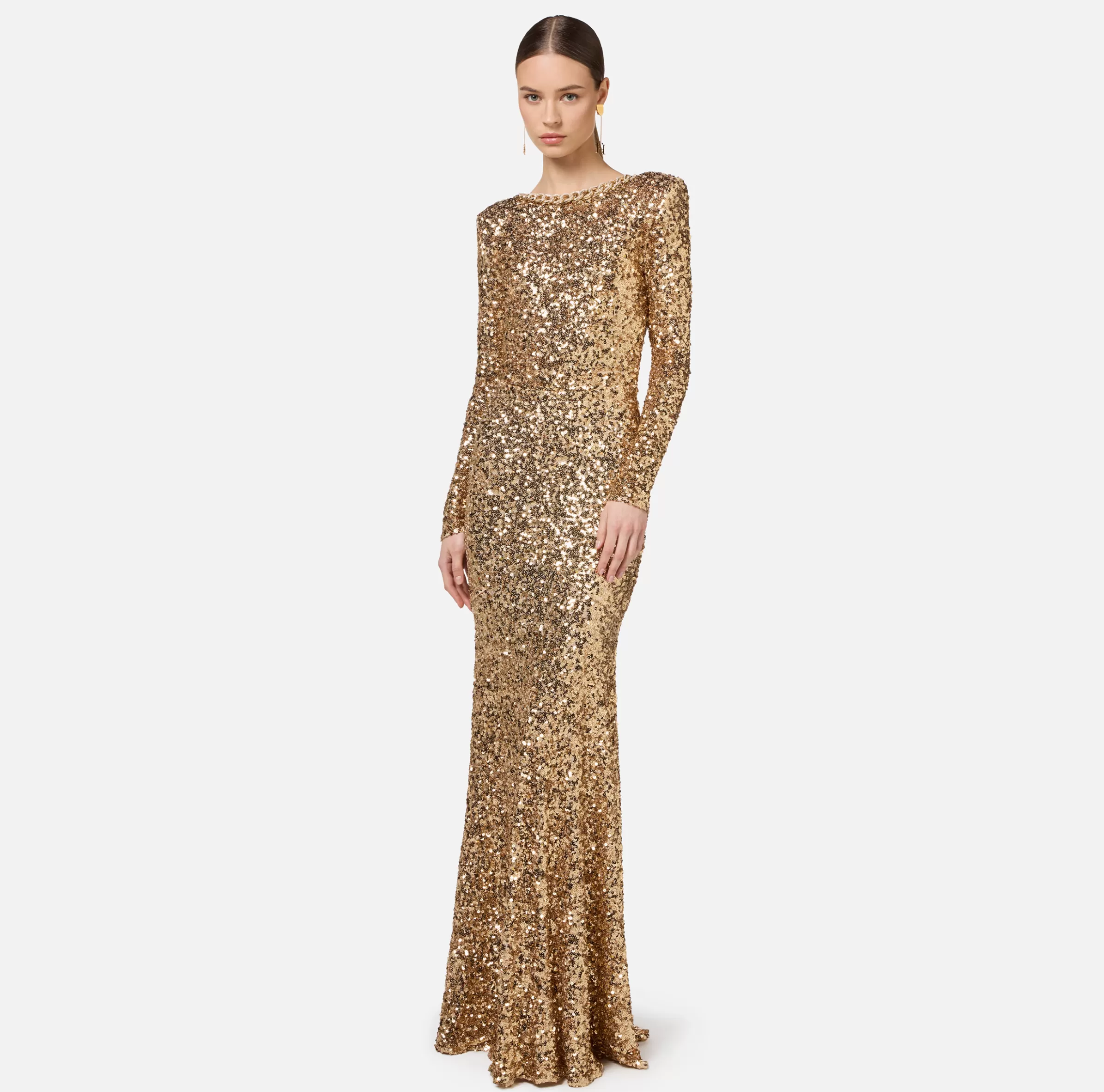 Elisabetta Franchi Abiti Red Carpet | Red Carpet^Abito red carpet in paillettes con catena e strass Gold