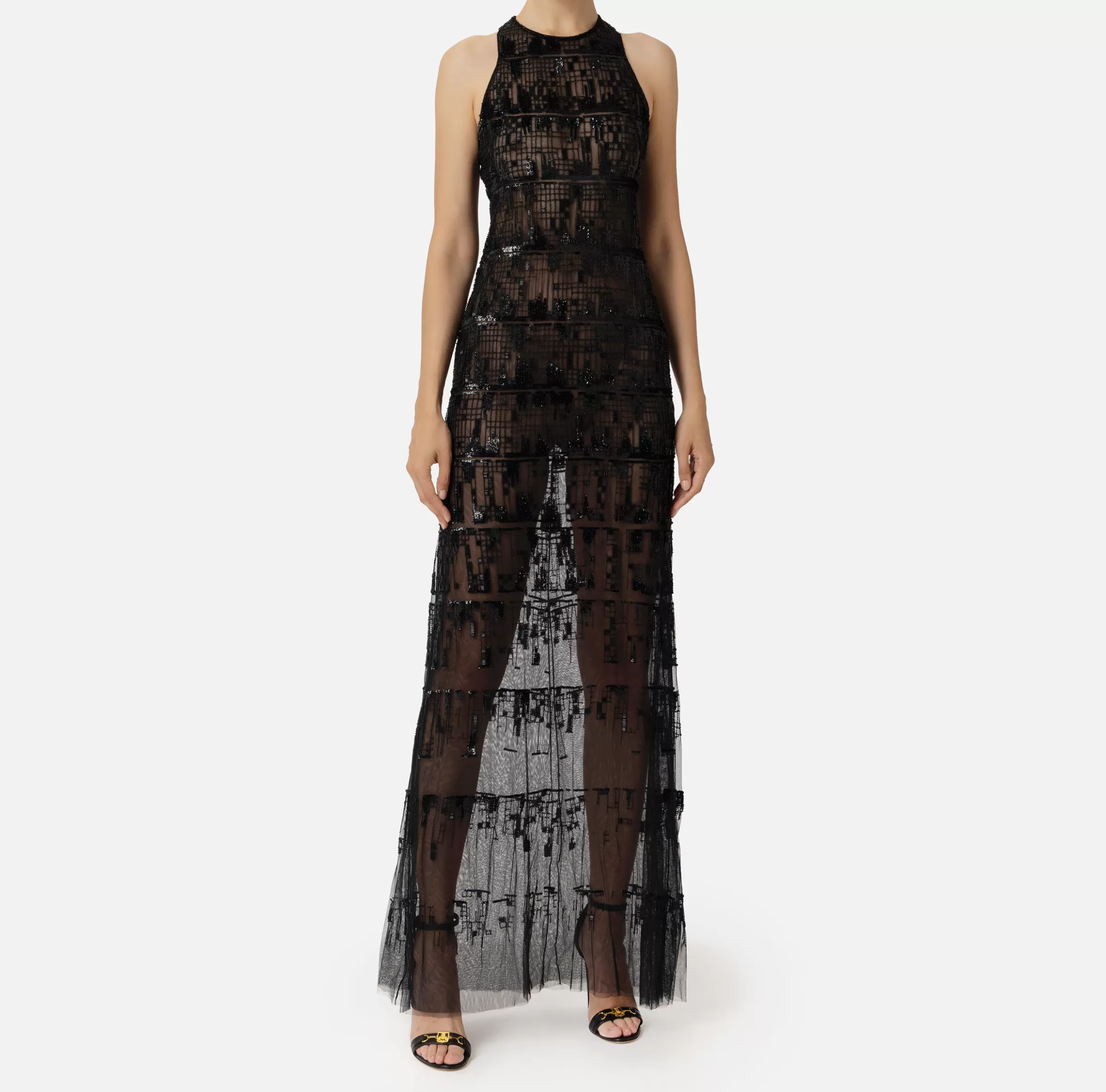 Elisabetta Franchi Abiti | Abiti Red Carpet^Abito red carpet in tulle ricamato con paillettes pixel Nero