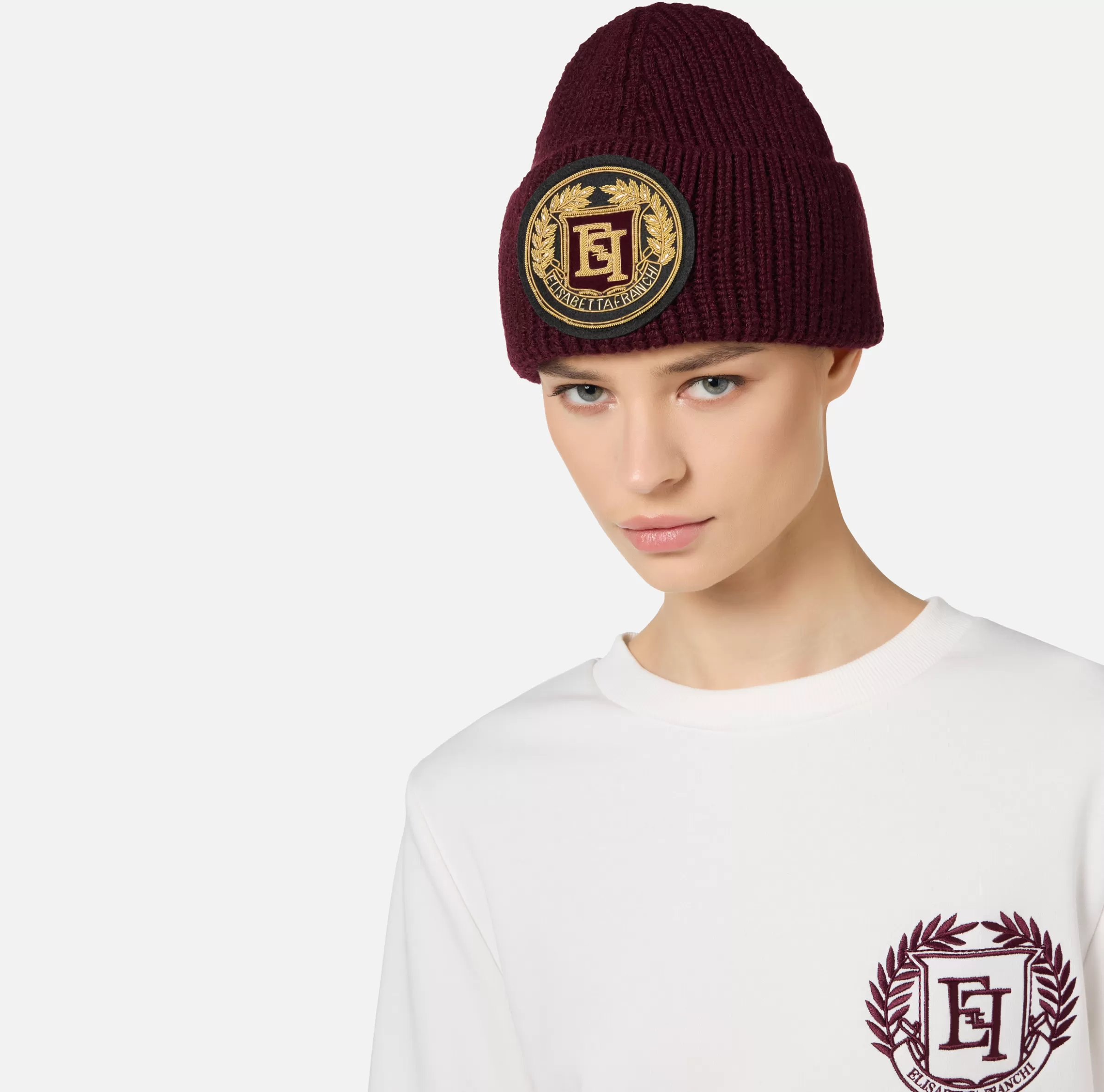 Elisabetta Franchi Cappelli E Guanti^Beanie in lana con patch logo RougeNoir