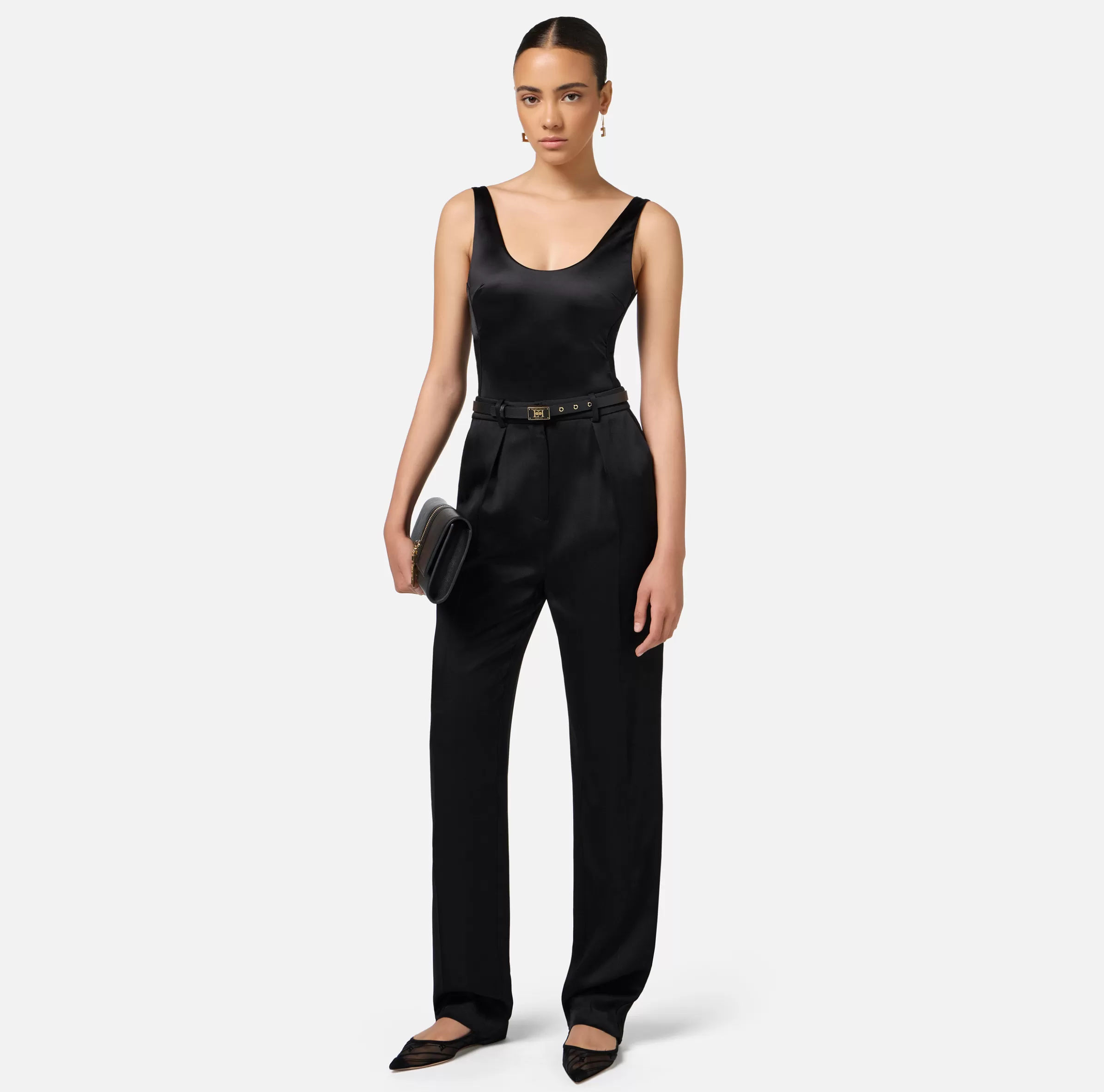 Elisabetta Franchi Top, T-Shirt & Body^Body in lycra con bande in elastico logato Nero