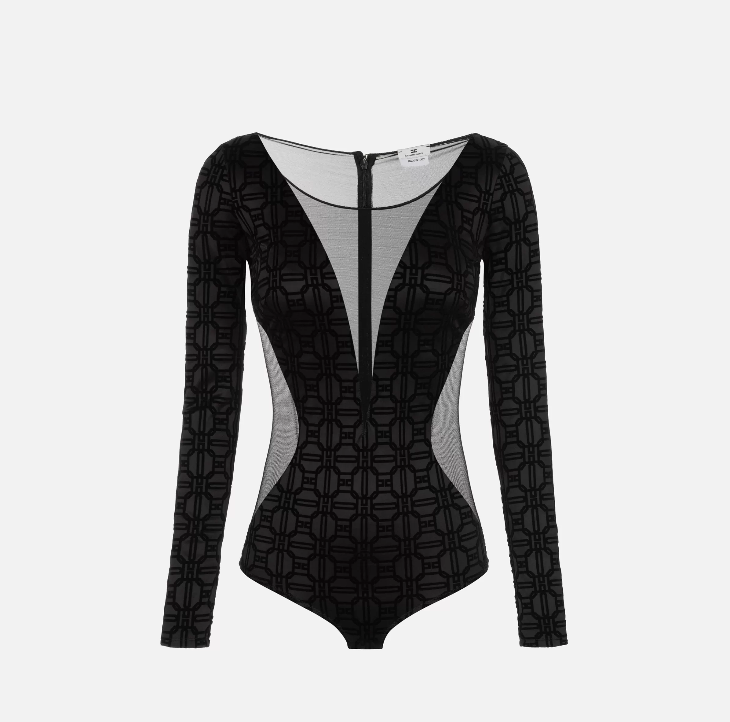 Elisabetta Franchi Top, T-Shirt & Body^Body in lycra flock e tulle Nero