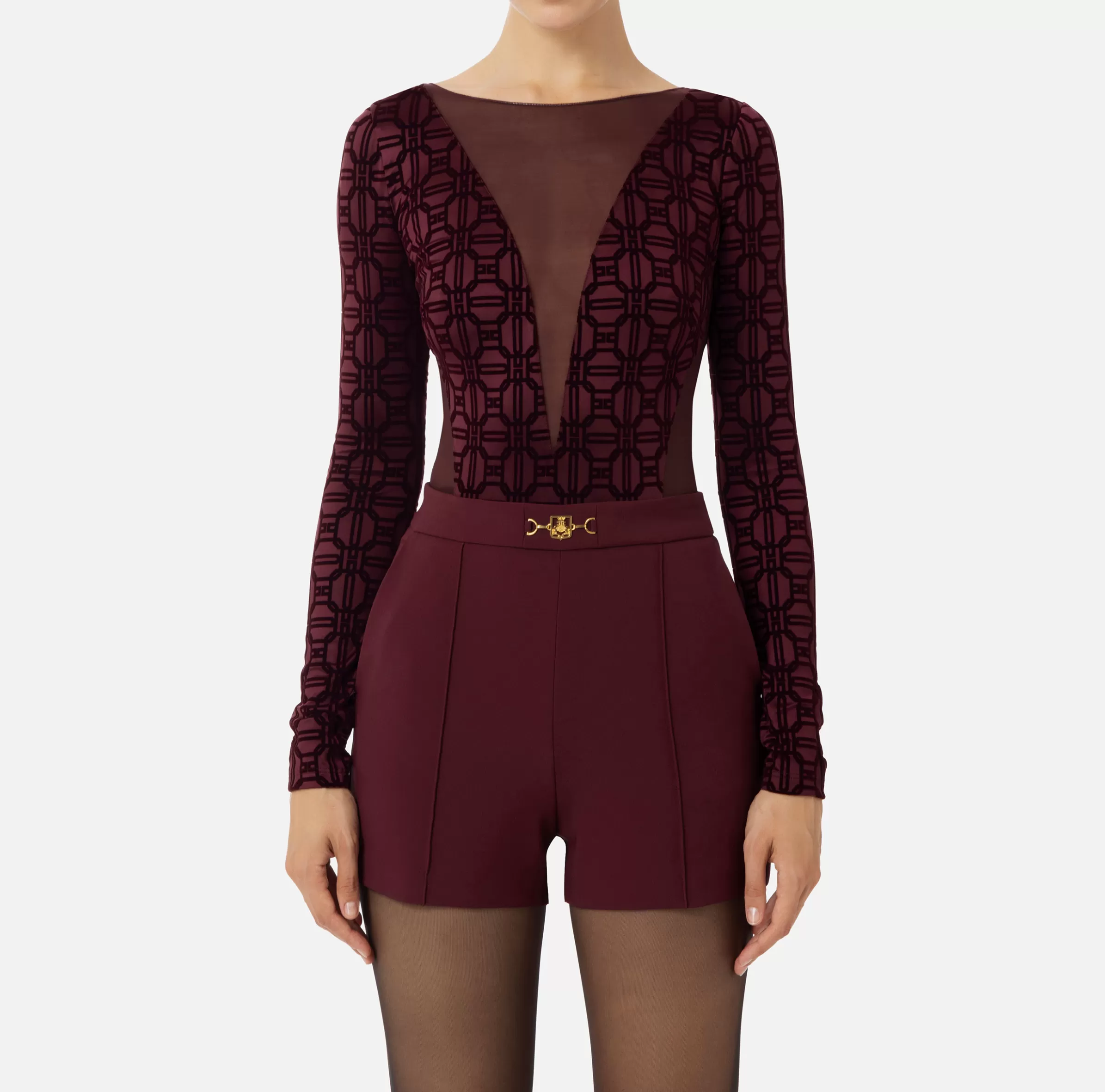 Elisabetta Franchi Top, T-Shirt & Body^Body in lycra flock e tulle RougeNoir