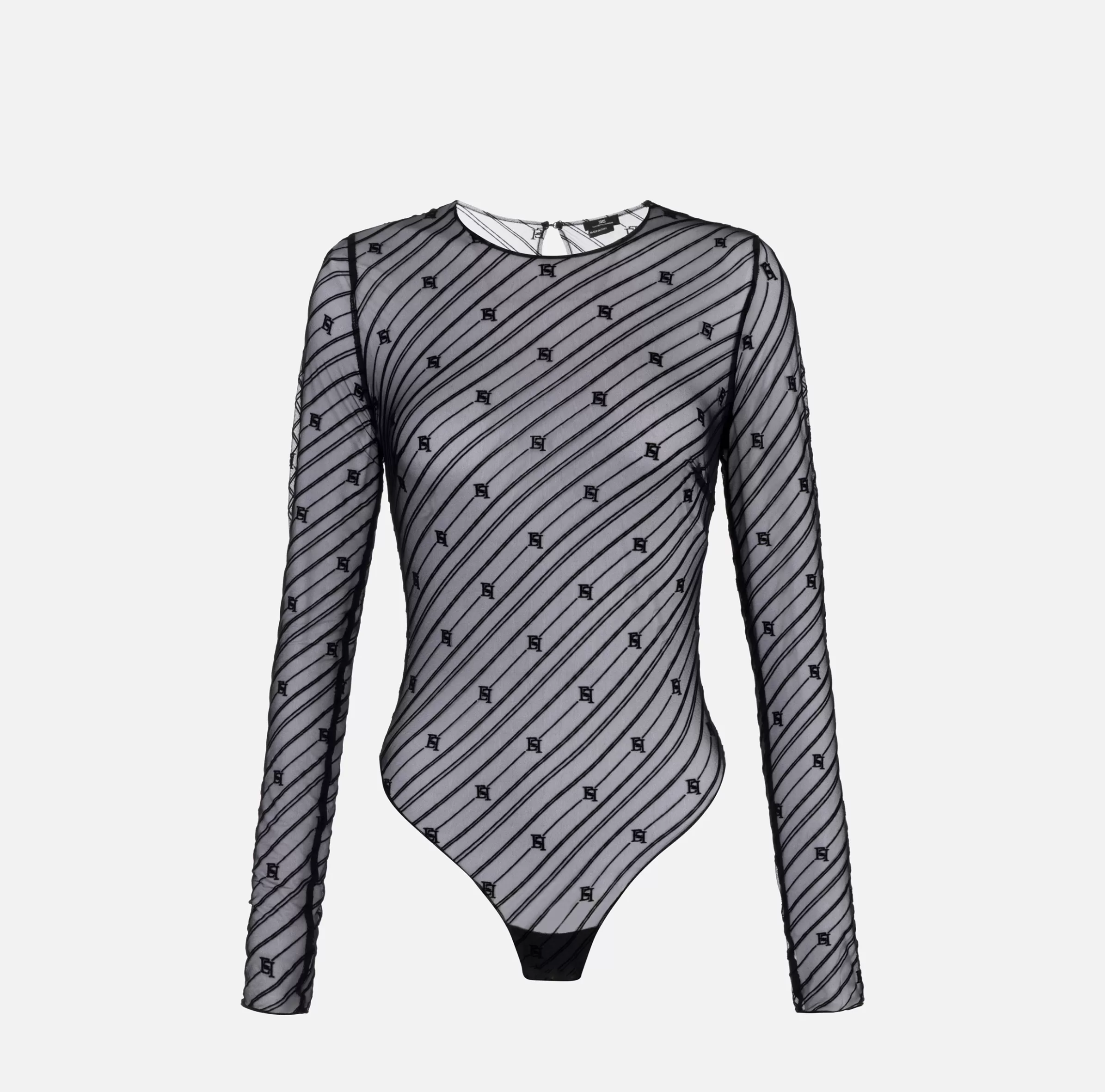 Elisabetta Franchi Top, T-Shirt & Body^Body in tulle flock disegno diagonale Nero