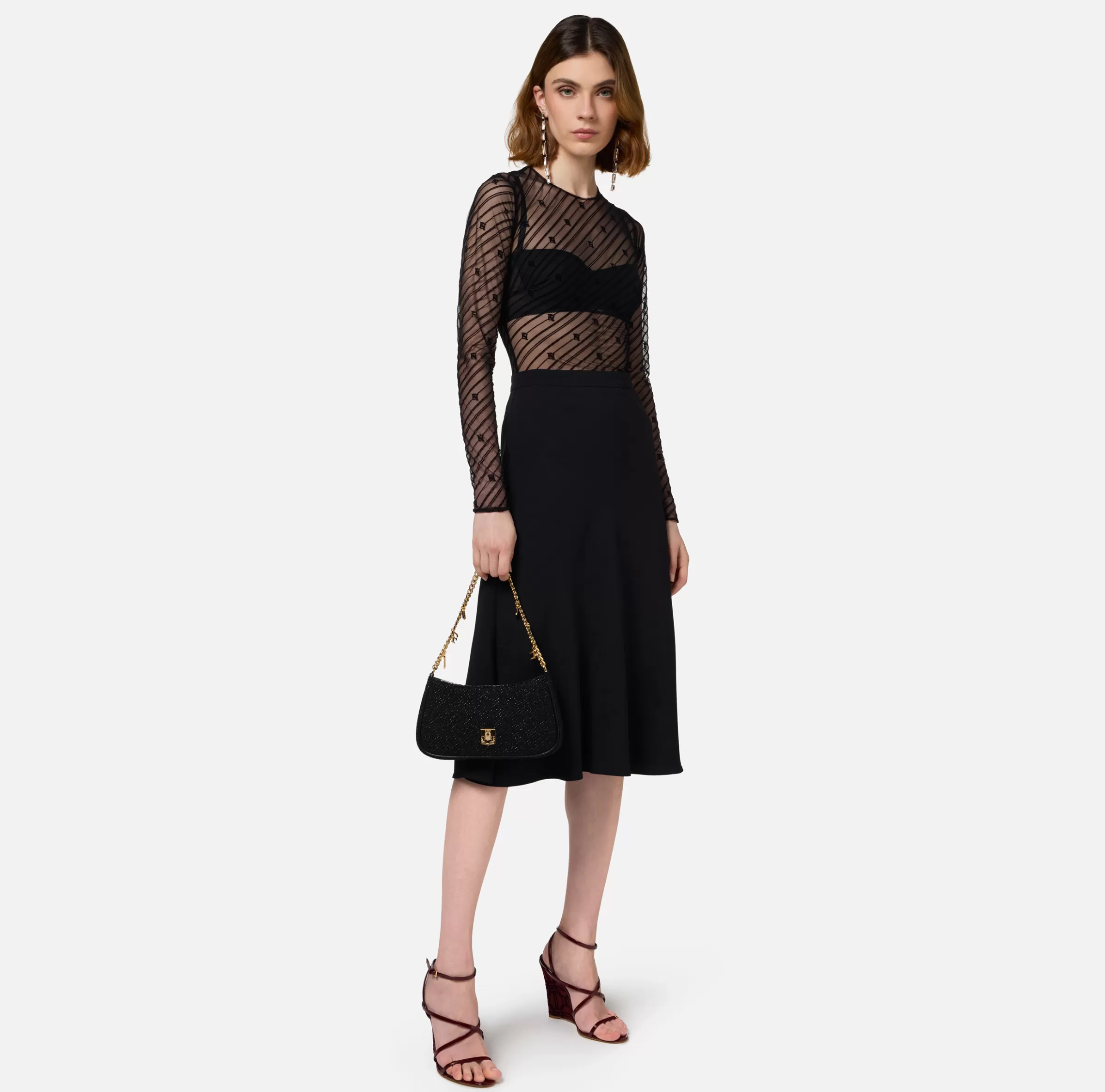 Elisabetta Franchi Top, T-Shirt & Body^Body in tulle flock disegno diagonale Nero