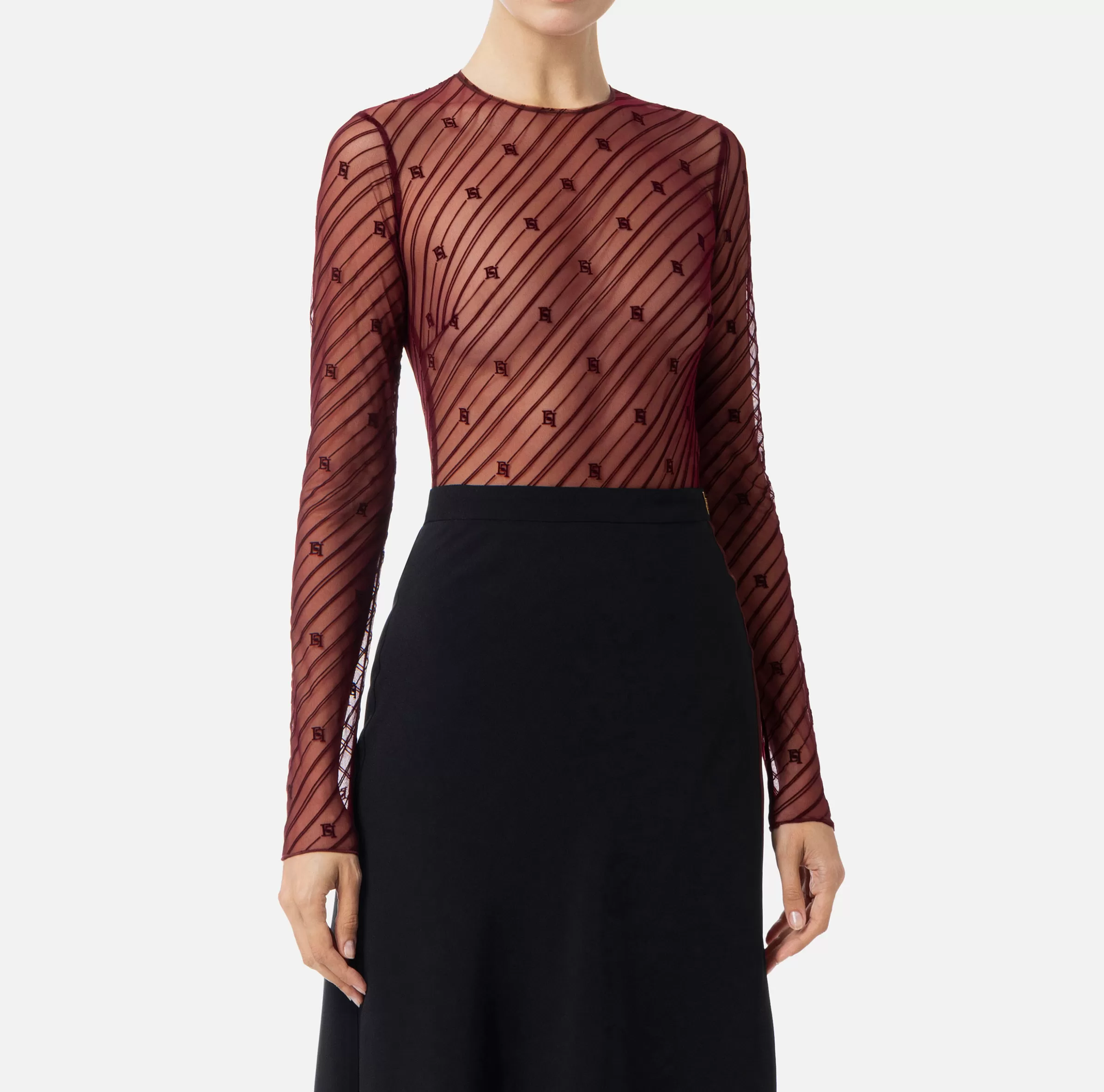Elisabetta Franchi Top, T-Shirt & Body^Body in tulle flock disegno diagonale RougeNoir